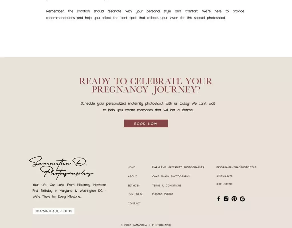 Footer for maternity photographer Marylands landing page